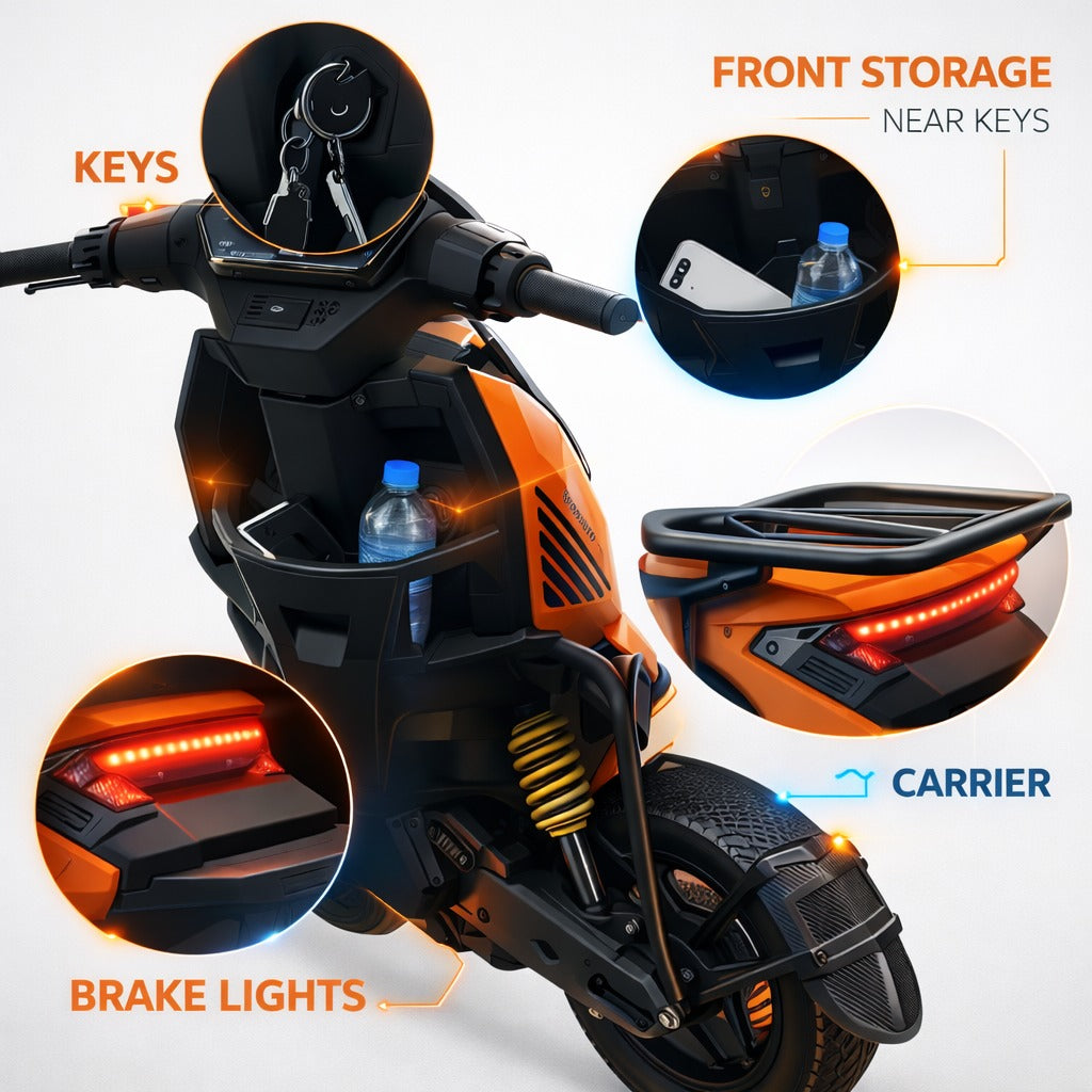 Orange Electric scooter with storage compartments and brake lights highlighted