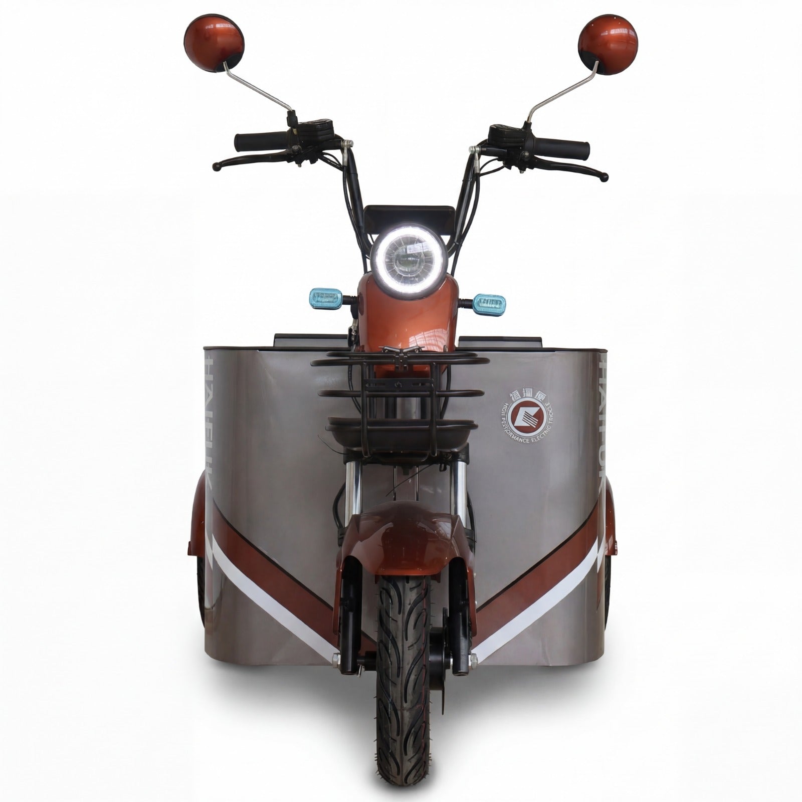 Front View of Three-wheeled motorbike with a sidecar