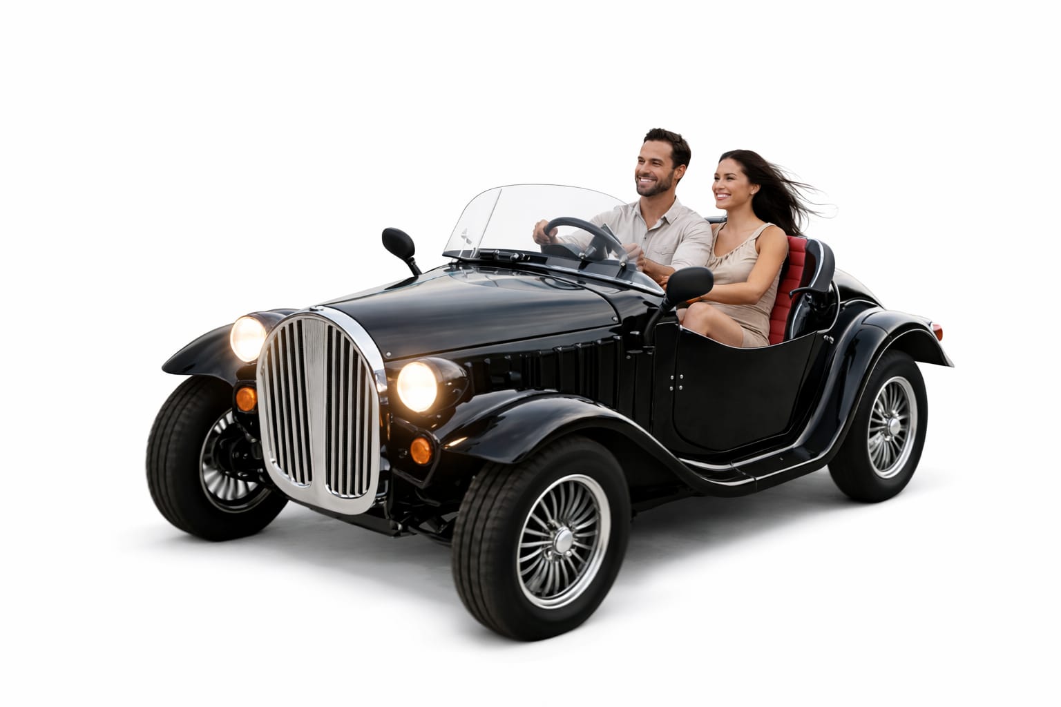 Couple in a black convertible car 
