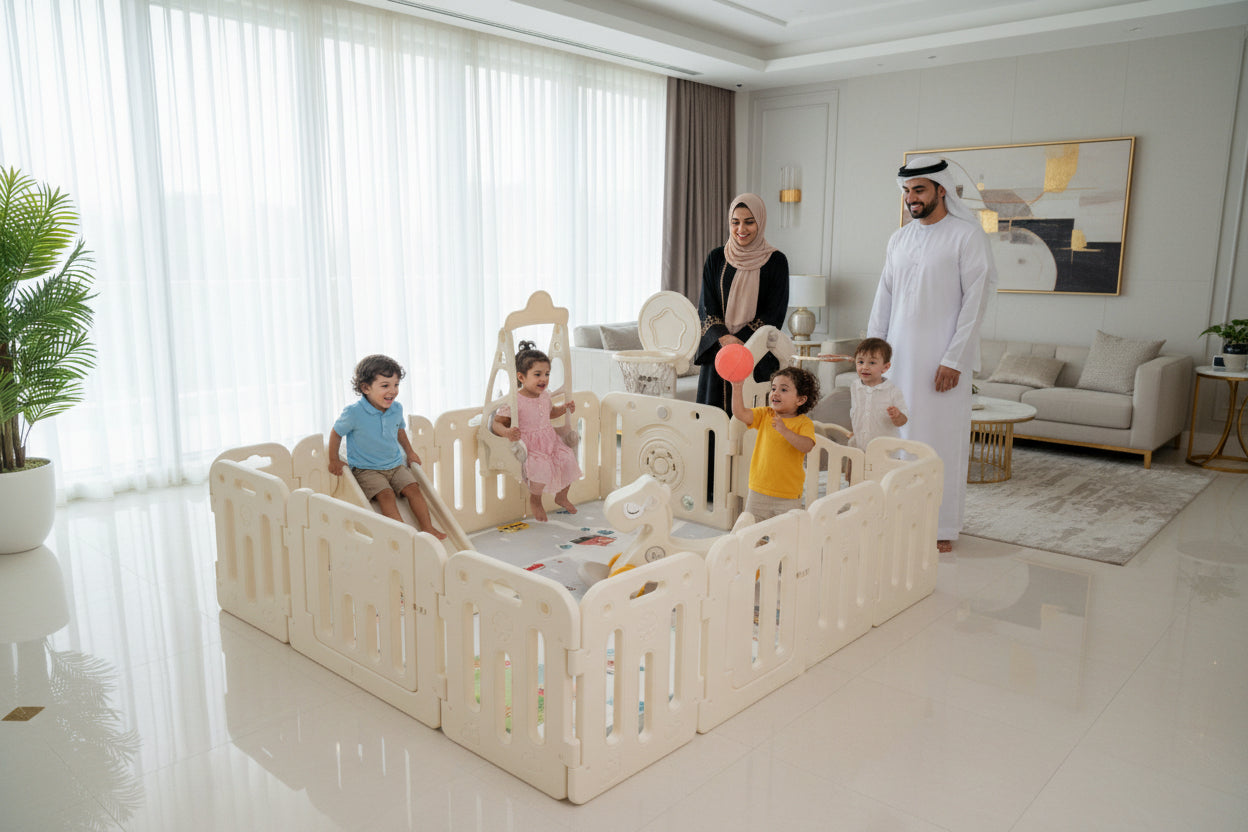 Kids playing basketball in the bright modern living room with Perents