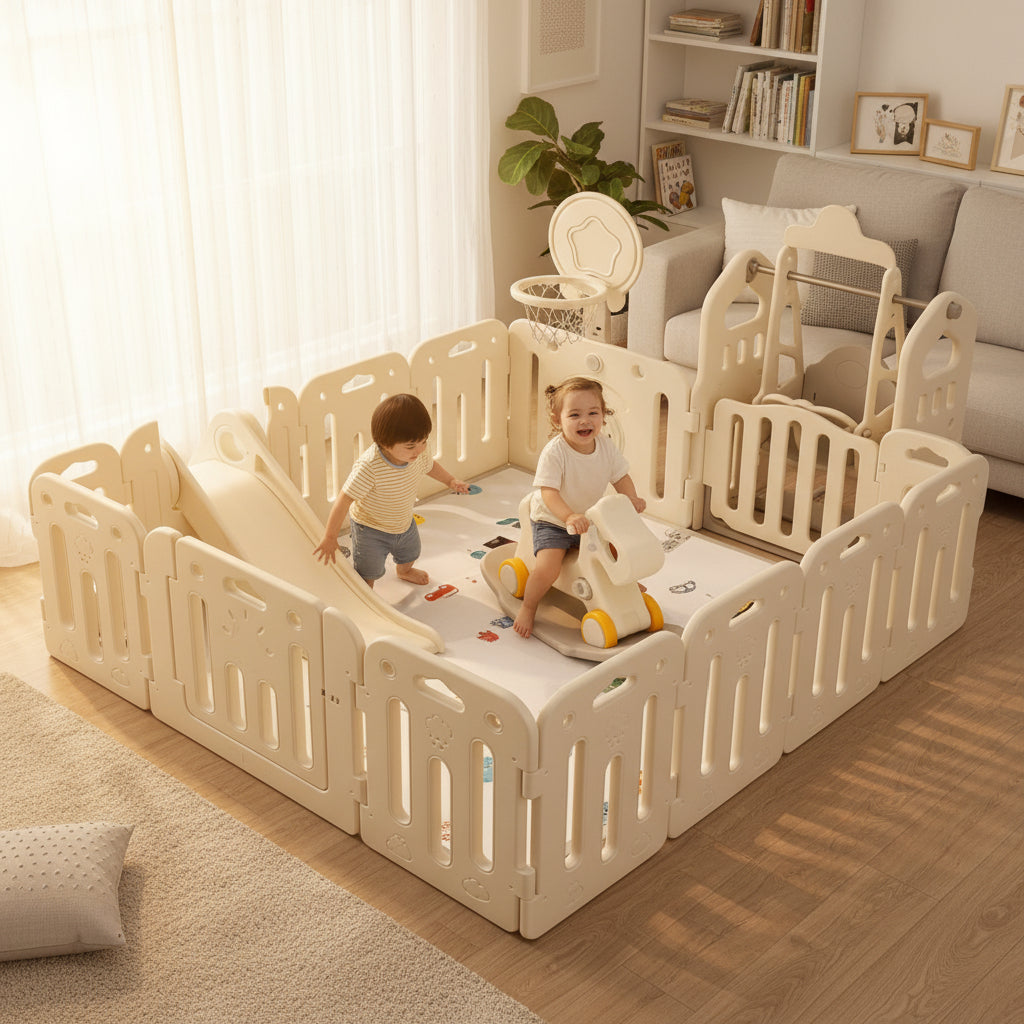 Toddler enjoying rocking horse inside playpen