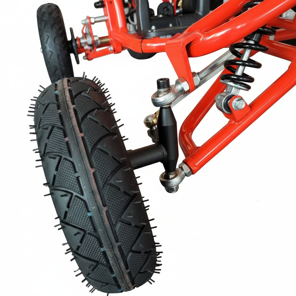Close-up of a red off-road vehicle wheel with spiky tire 