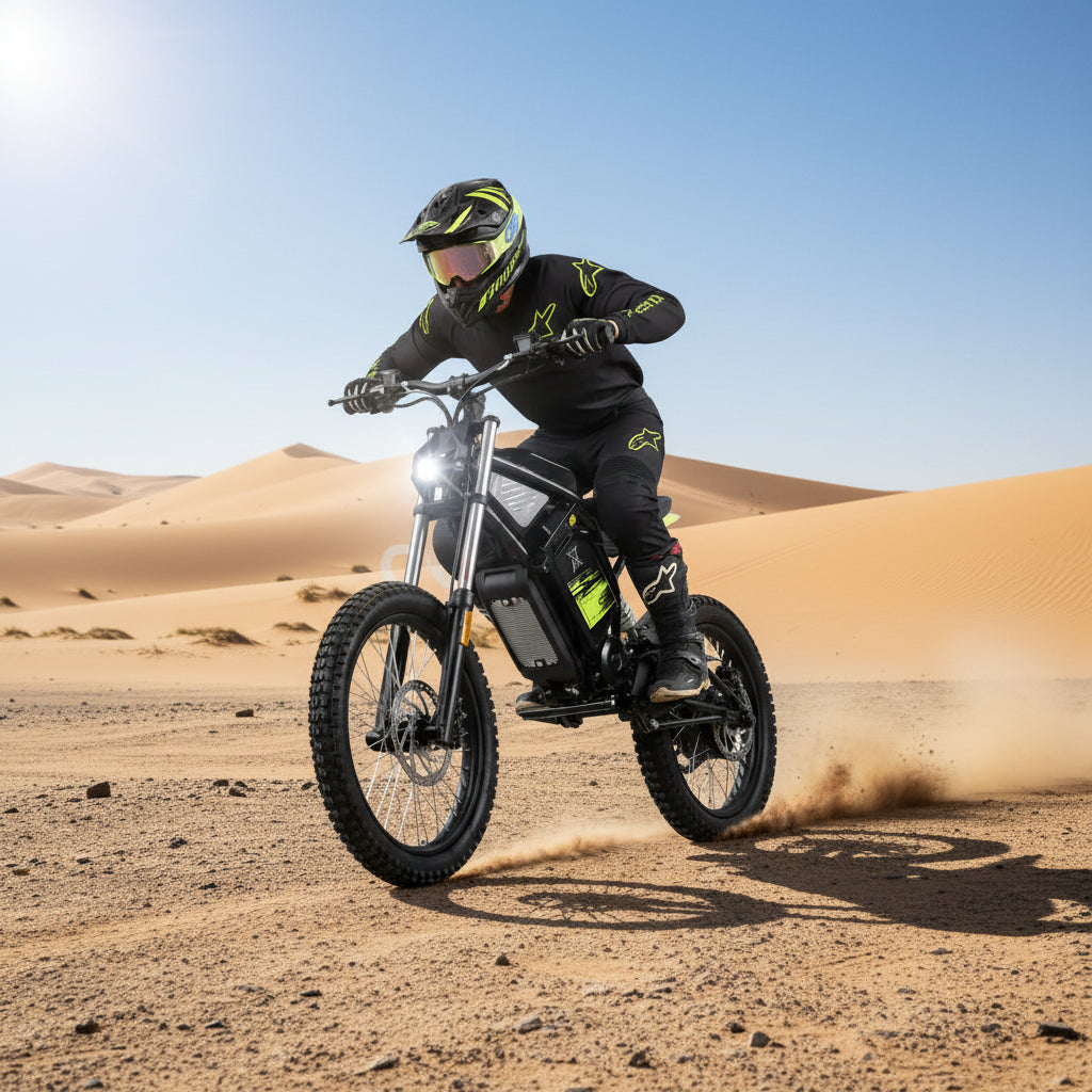 Person riding a Savage S1 Electric off Road Dirt Mountain Bike in the desert 