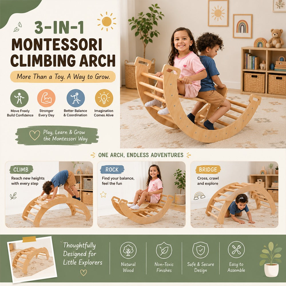 Children playing on a 3-in-1 Montessori climbing arch in a room with educational posters.