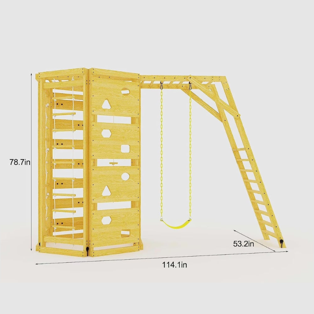 Wooden playground structure with a climbing wall, swing, and ladder, shown with dimension