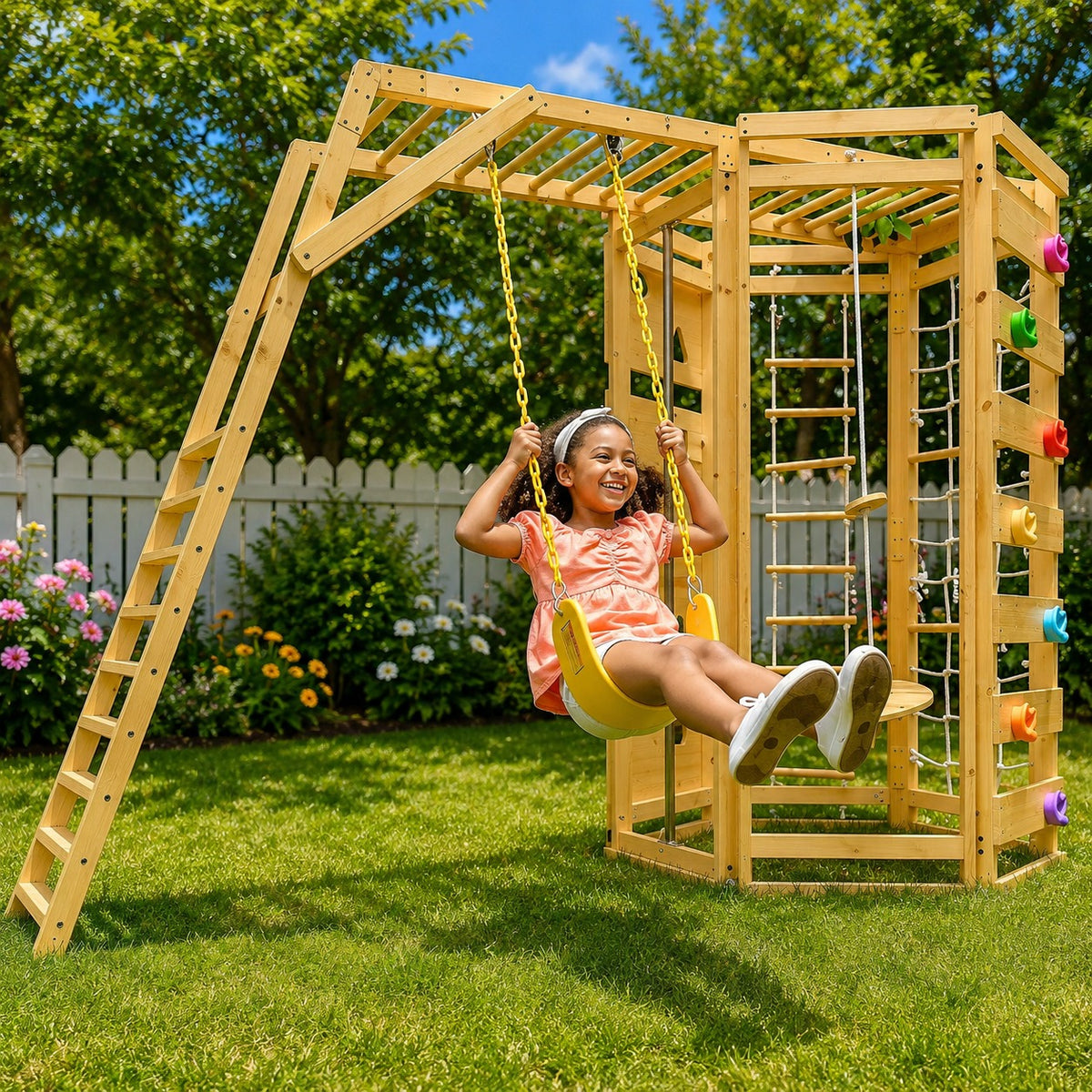 A young girl is smiling while swinging on a large wooden backyard playset 