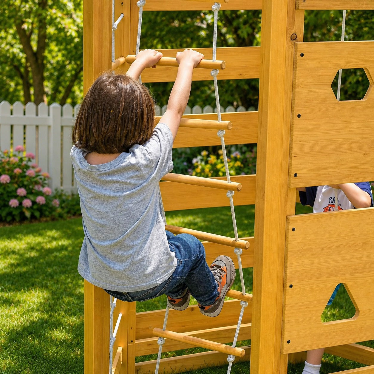 A child climbing a wooden playground ladder structure.