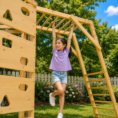 A young girl swings on a wooden climbing playset.