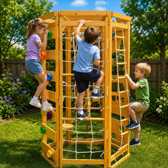 A children's wooden climbing structure with three kids actively climbing and playing.
