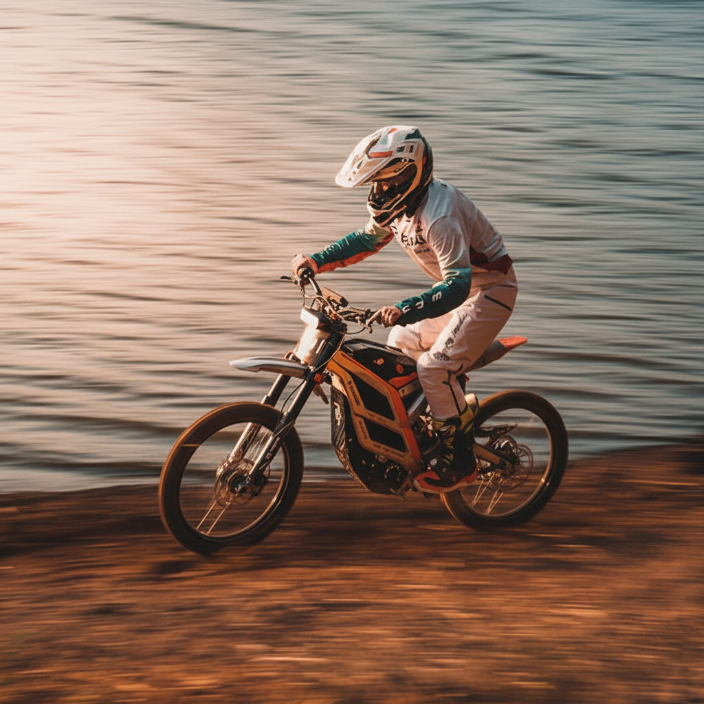 Person riding a 79BIKE-Falcon Pro Electric Dirt Bike on a beach 