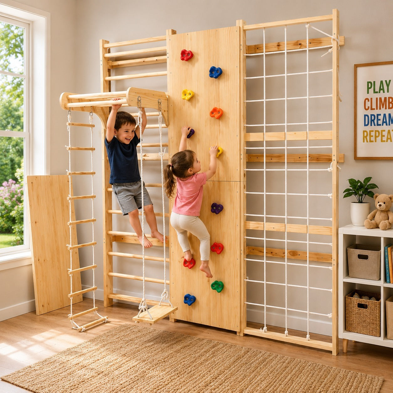 Children playing on a wooden climbing wall with colourful holds in a room