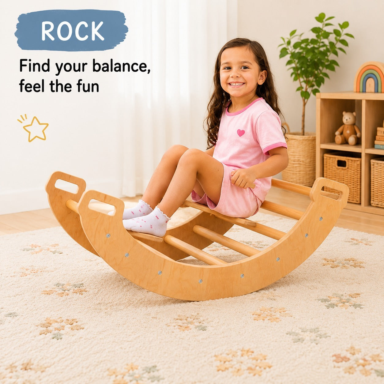 Child sitting on a wooden rocking toy 