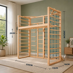Customised wooden gymnastics and climbing frame set with measurements of 235cm length, 110cm width, 45cm depth, 240cm height, and 20cm gap.