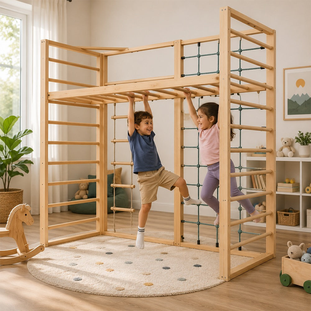 Kids enjoy Customized wooden climbing gym with adjustable Monkey bars and climbing rope wall bar frame 
