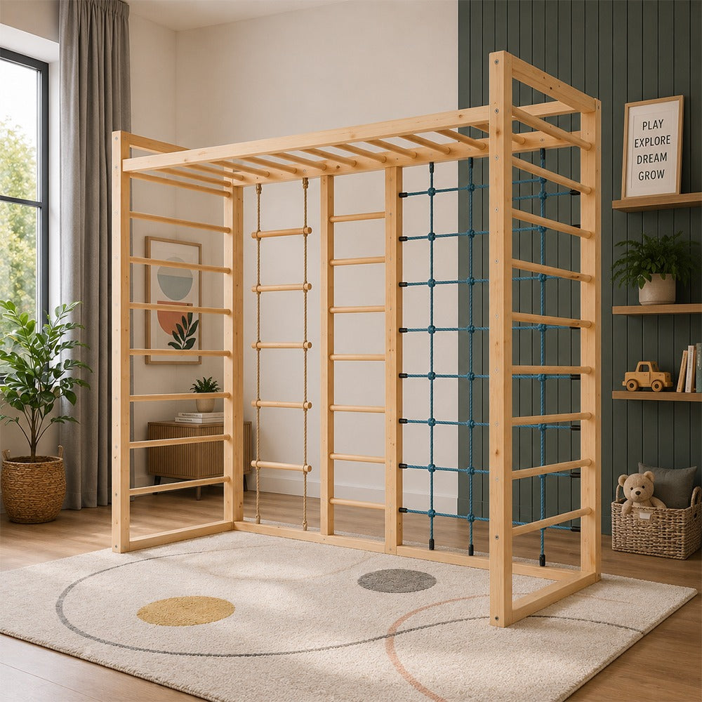 A large Customized wooden children's indoor sensory gym with multiple climbing walls, ladder bars, and a blue rope net