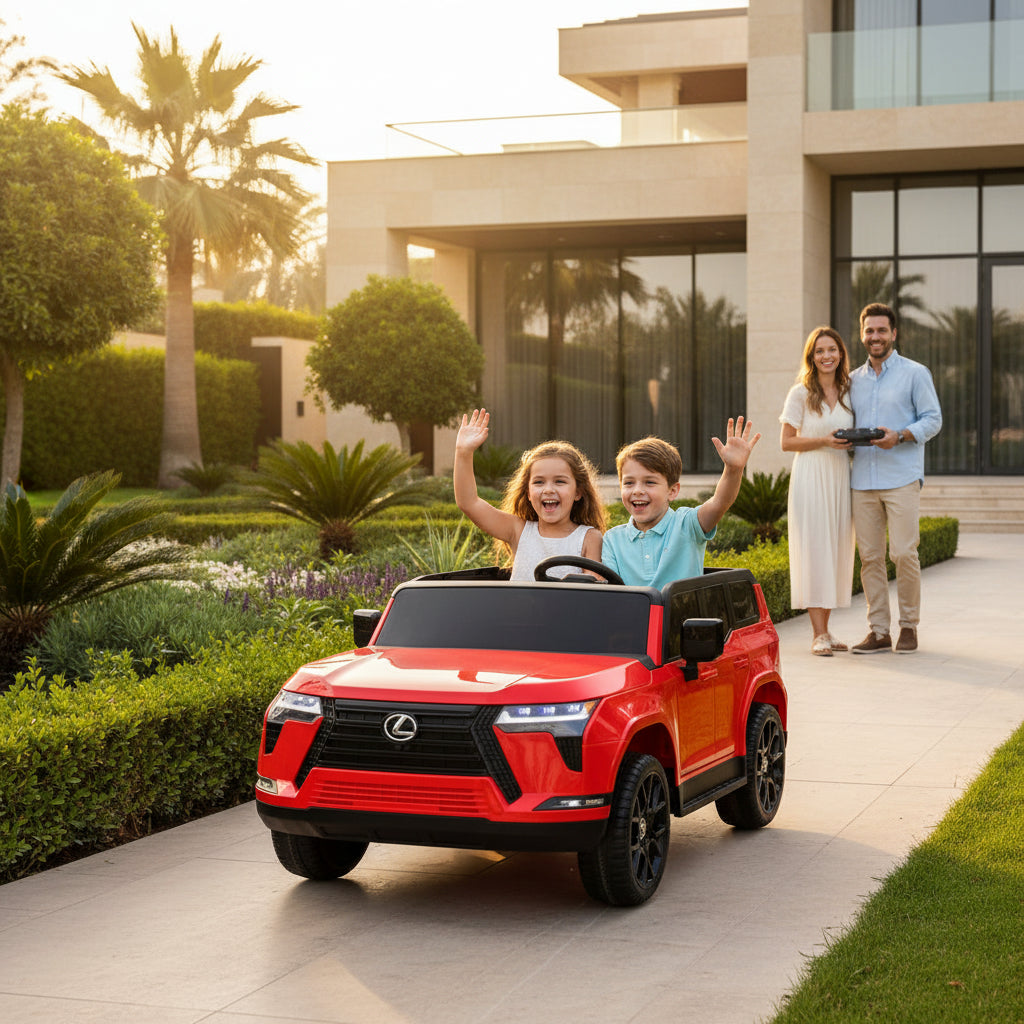 A red kids' car driven by two children in front of a modern house.