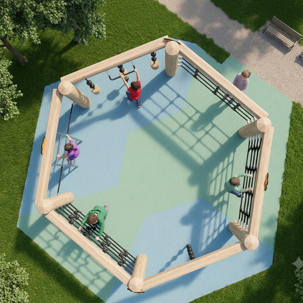 Overhead view of a Wooden Hexaclimb Playground with multiple activities for Kids outdoor playground 