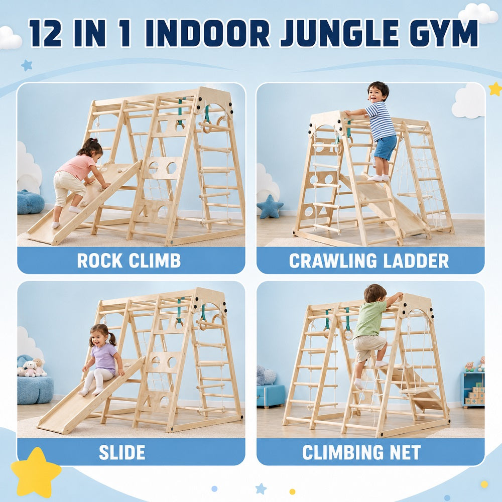 Children playing with a 12-in-1 indoor jungle gym that includes rock climb, crawling ladder, slide, and climbing net.