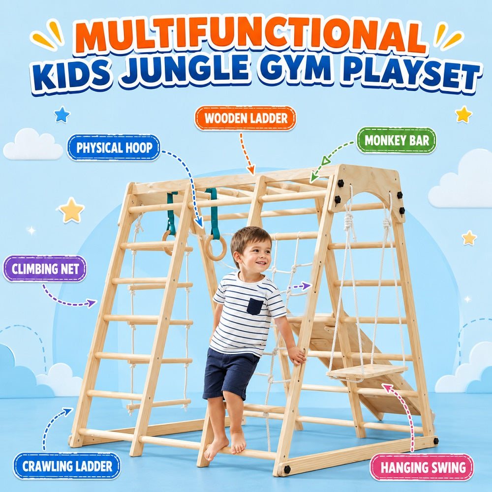 Child playing on a multifunctional kids jungle gym playset with labeled components.