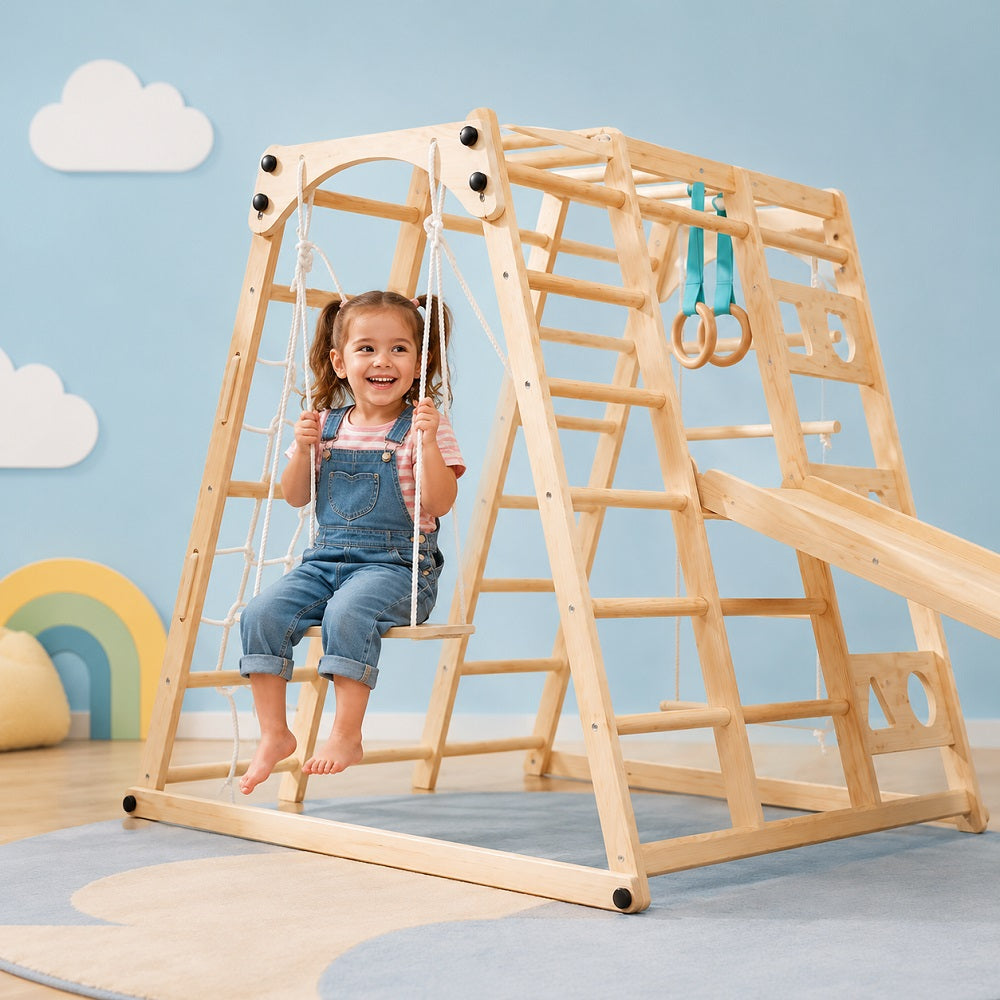 Child playing on a wooden indoor play set with a swing.