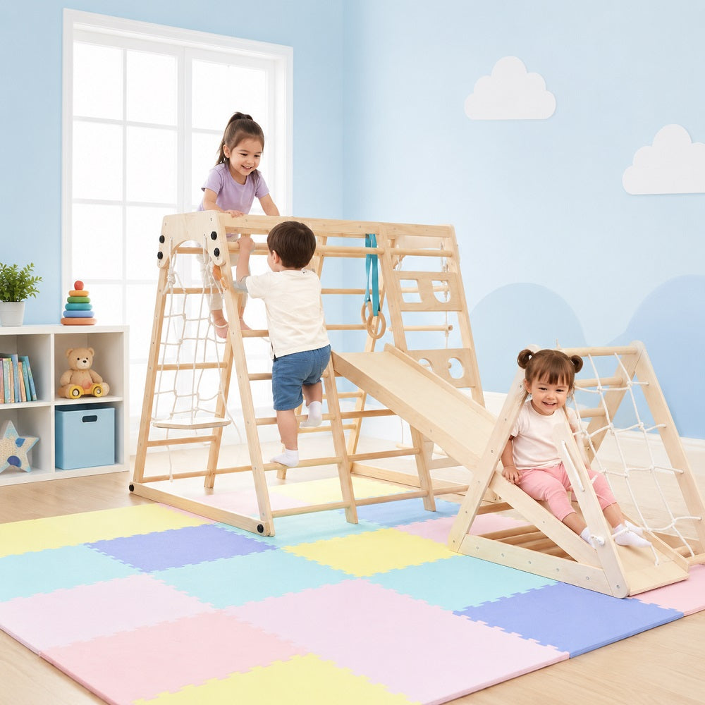 Kids enjoy the monkey bar with slide and swing for indoor play Area