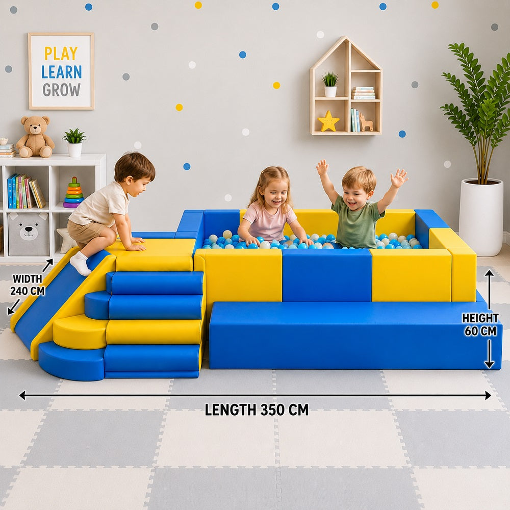 A children's foam play area set in a playroom with dimensions (L 350 W 240 H 60 cm)