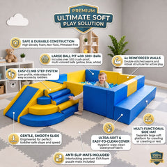A kids' indoor play Sensory gym set featuring a blue and yellow soft play structure with a ball pit