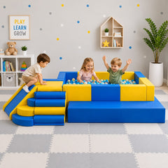 Kids playing and enjoying Blue and Yellow Indoor Soft Play Climb and Slide Ball Pit Playset