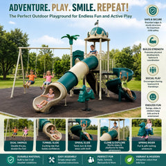 Multi-piece children's playground set including swings, a tunnel slide, spiral slide, climbing frame, and spring rider