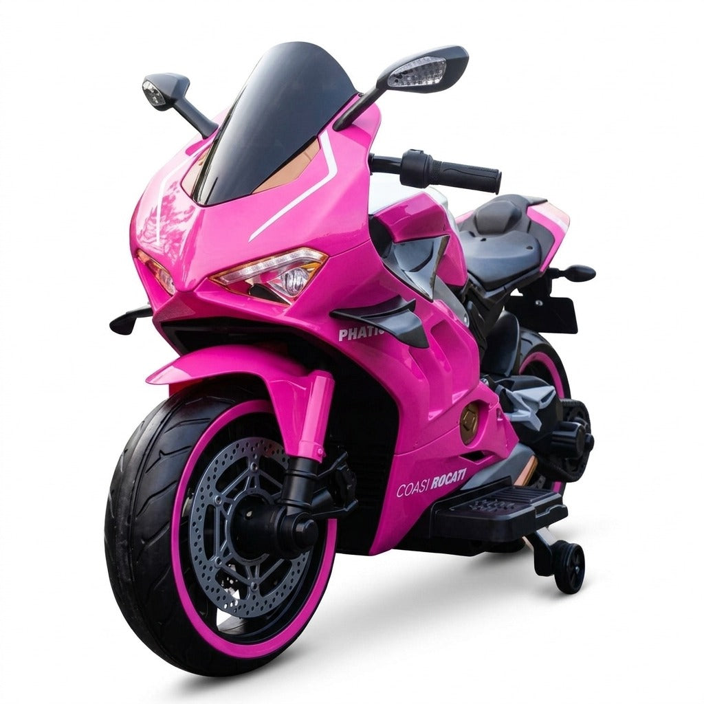 A pink Ride on 12 v Victor Kids Electric Motorbike with Training Wheels