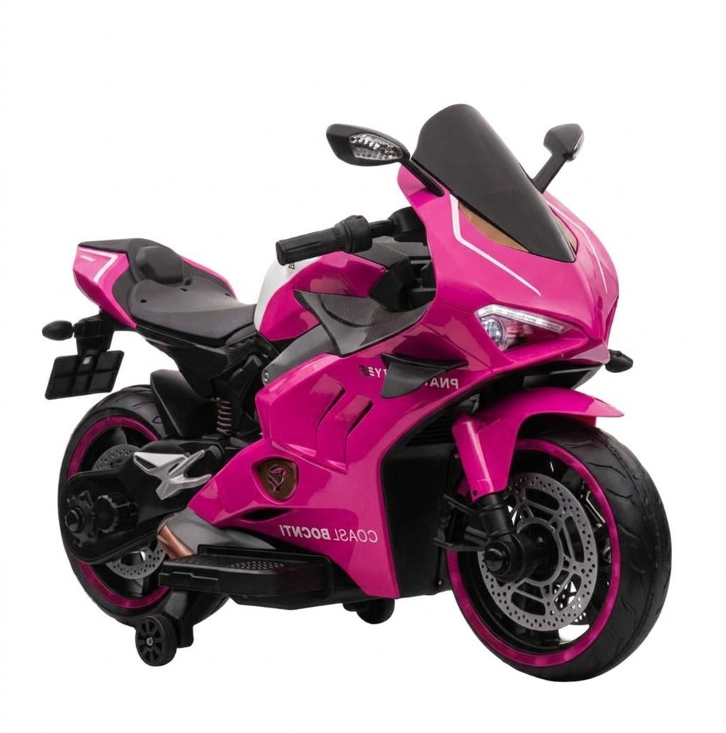 A pink Ride on Victor Kids Electric Motorbike with Training Wheels