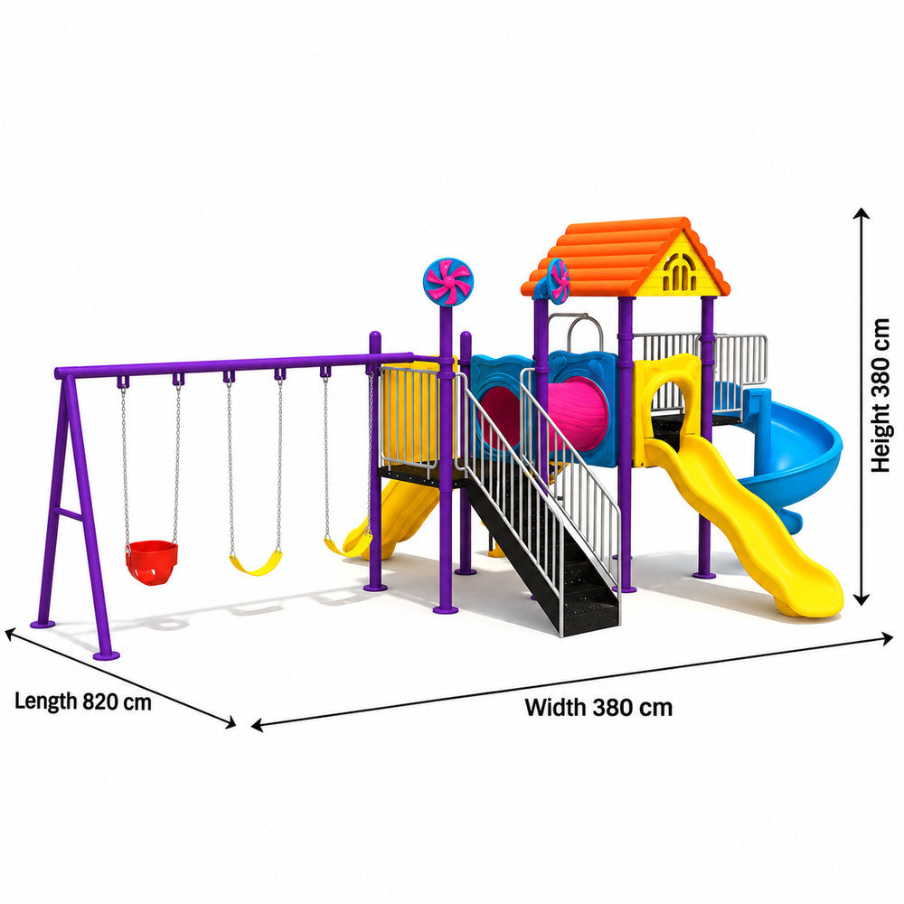 Kids Discovery Playland with 3 swings and 2 slides, outdoor playground equipment with Dimension 