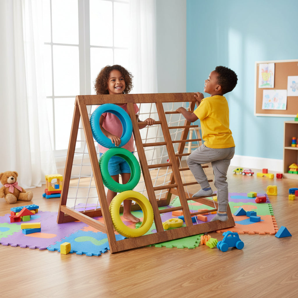 Kids enjoy the wooden ladder game with colourful Tyer rings