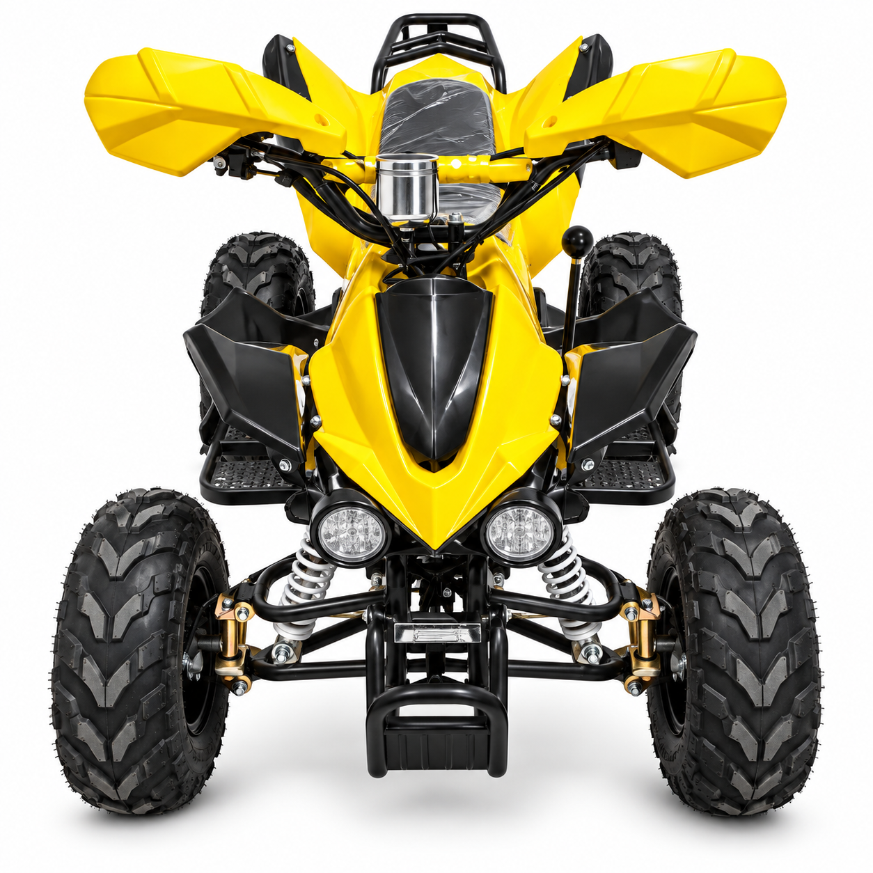 Front view of a bright yellow quad bike ATV photographed from a front-facing angle.