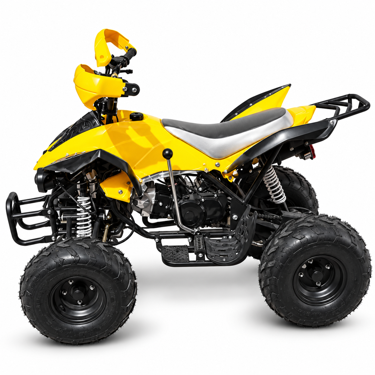 A yellow mini ATV quad bike with a gray seat, black protective fenders, and knobby tyres.