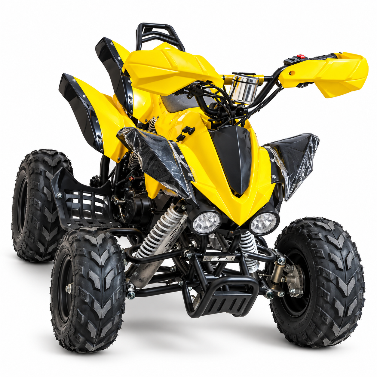 Yellow and black mini quad bike ATV with large knobby tyres, a front headlight, and protective guards.