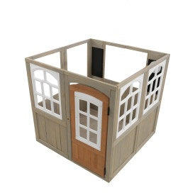 Small wooden playhouse with a brown door and white windows