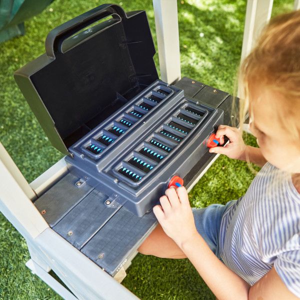 KidKraft Silver Sands Wooden Swing Set Treehouse with 2 levels at Rafplay, 561 x 334 x 269 cm