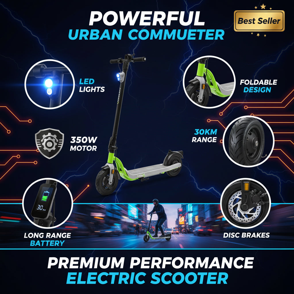 High-end feature collage showing scooter, LED lights, folding mechanism, tyres, braking system