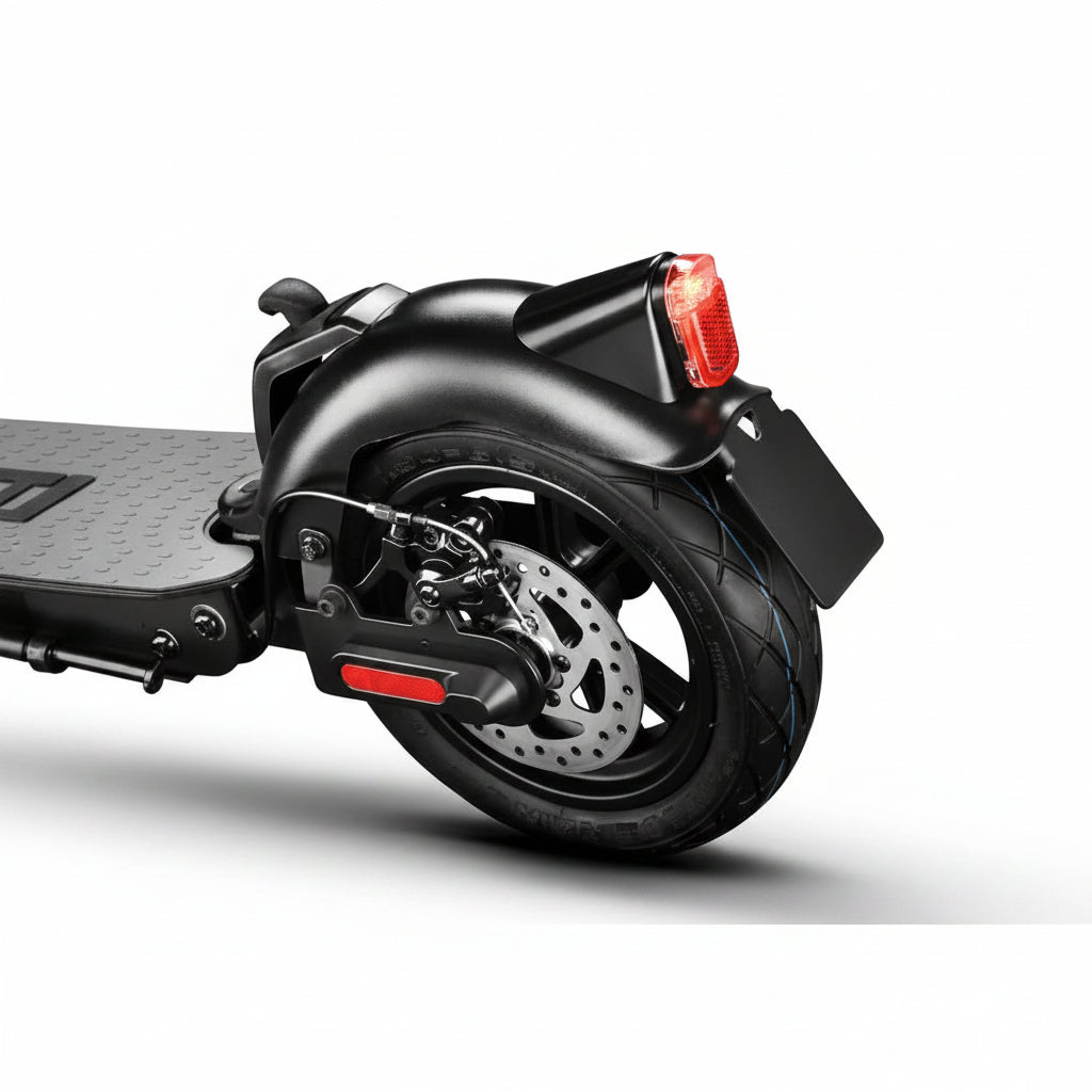 Black electric scooter with a red reflector