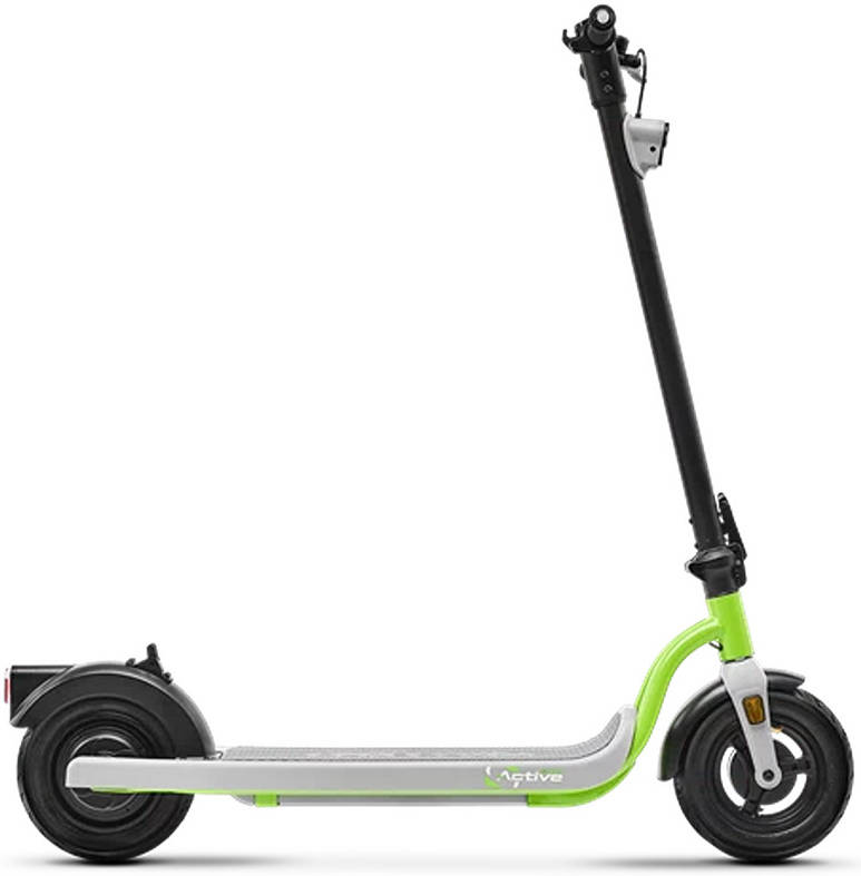 Electric scooter with a white deck and green frame