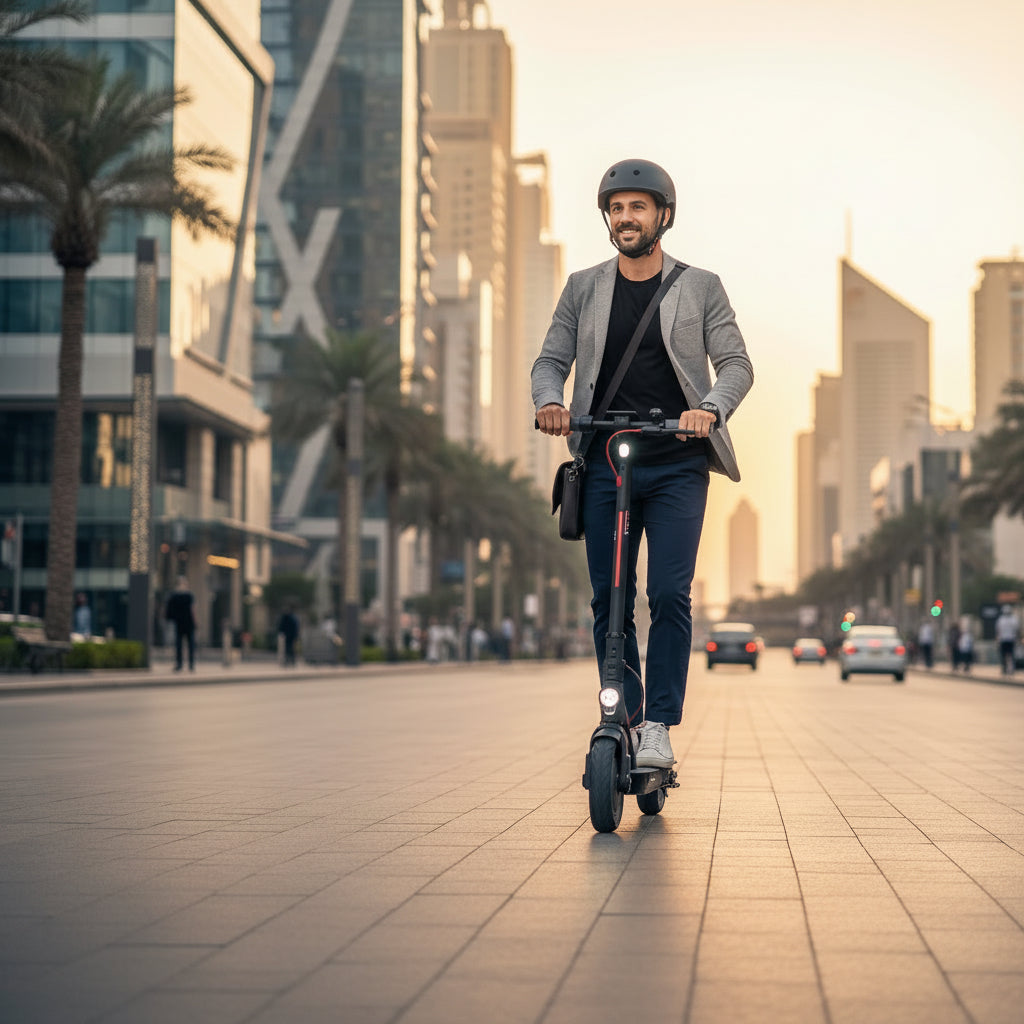 A person rides on  Black electric scooter with a Ducati