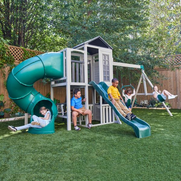 KidKraft Silver Sands Wooden Swing Set Treehouse with 2 levels at Rafplay, 561 x 334 x 269 cm