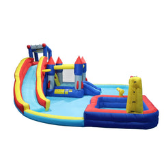 Colourful inflatable water park with slides and a castle