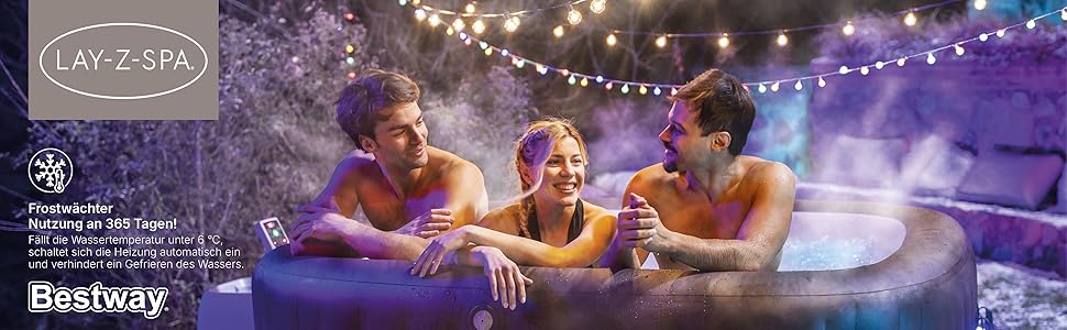 Lay-Z-Spa hot tub with string lights and a starry sky