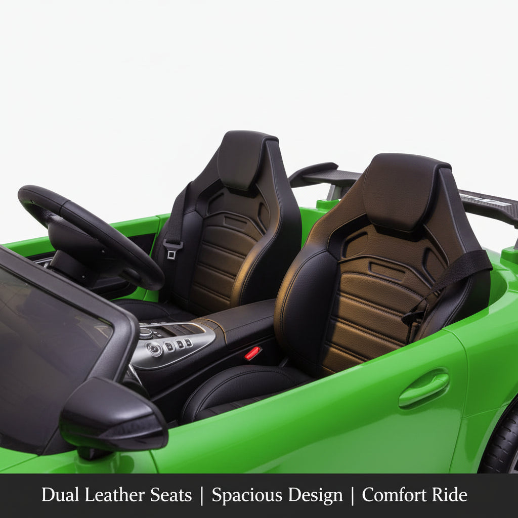 Mercedes kids car interior with dual leather seats steering wheel luxury toy car detail
