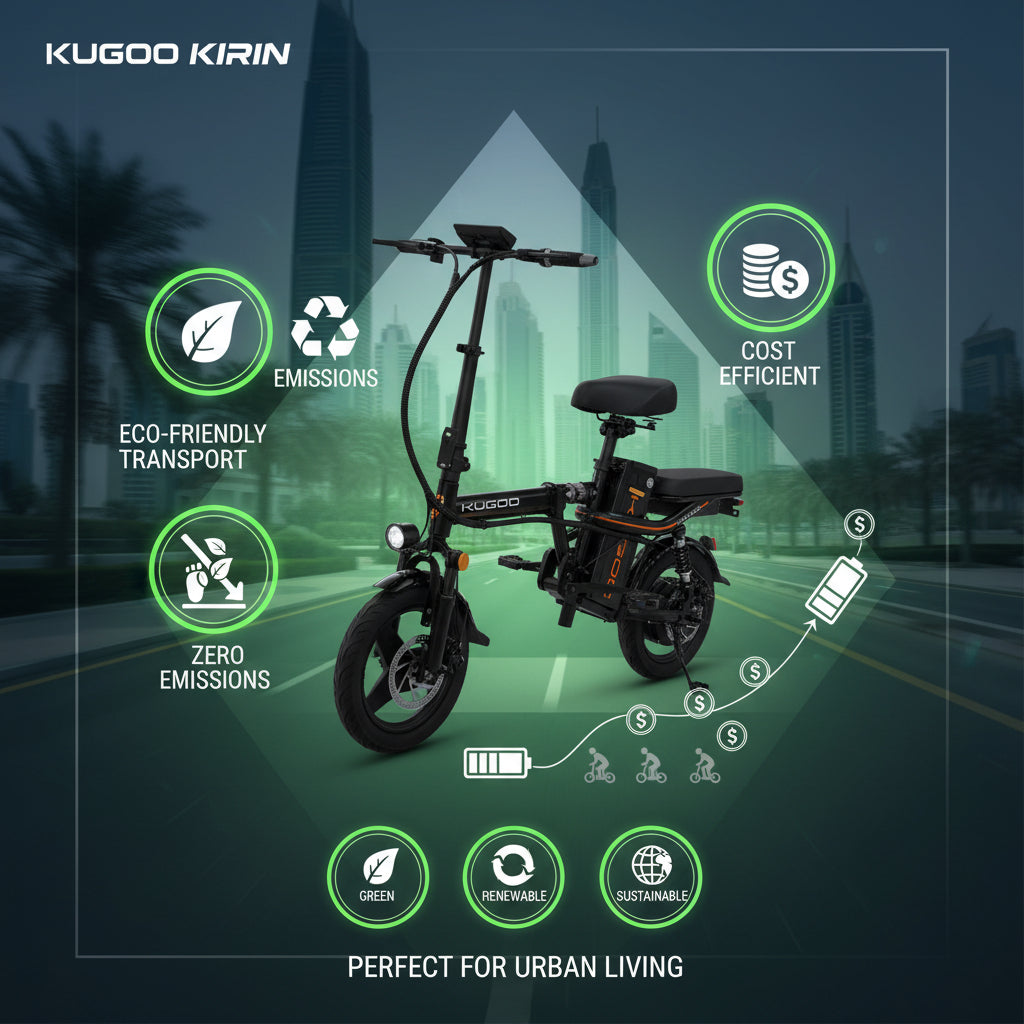 Kugoo Kirin electric bike with sustainability features on a cityscape background