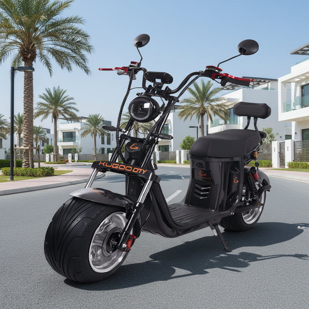 Kugoo City Electric Scooter with fat tyres and wide seat on road - black