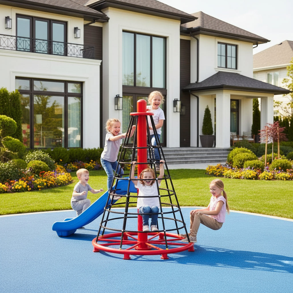 Kids playing on Climbing Orbit in the front of home