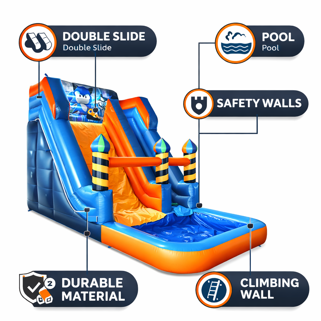 Inflatable water slide with pool, double slide, safety walls, durable material, and climbing wall features.